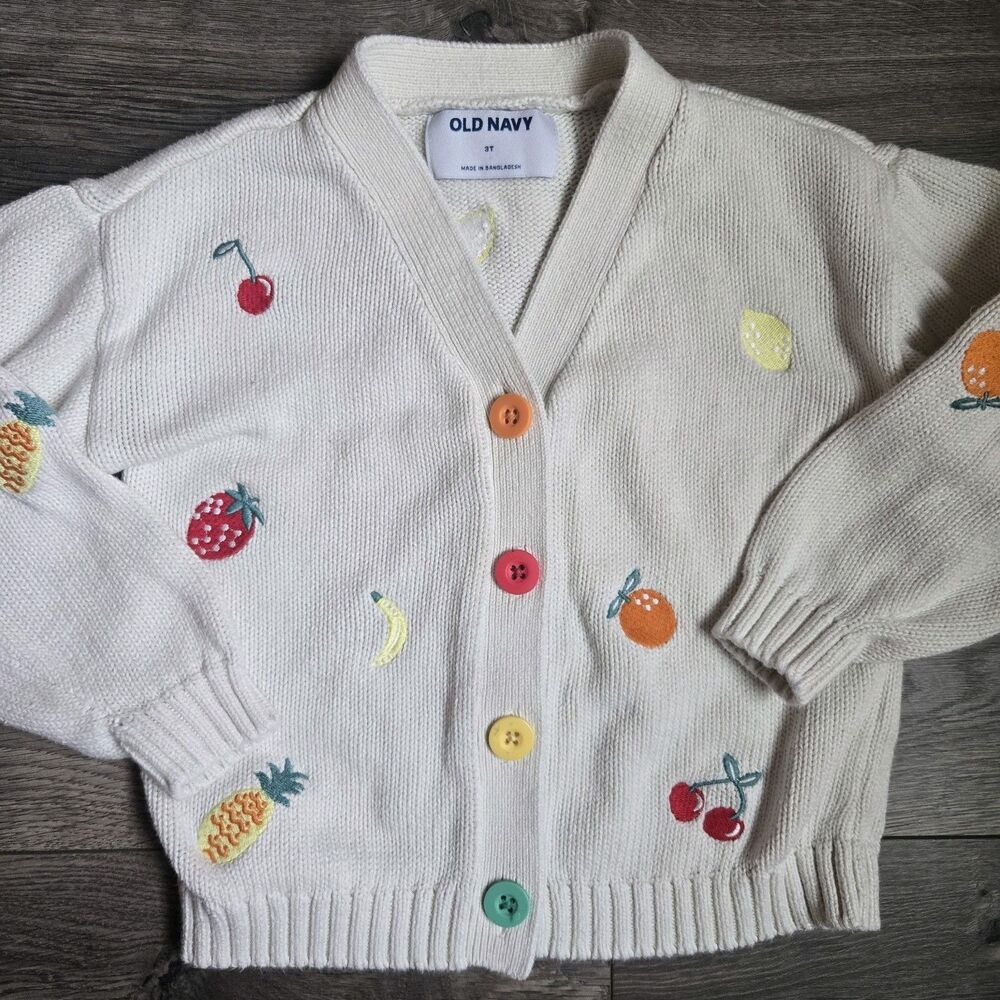 Old Navy 3T Toddler Girl Fruit Embroidered Cardigan Sweater Cotton Cream Kidcore